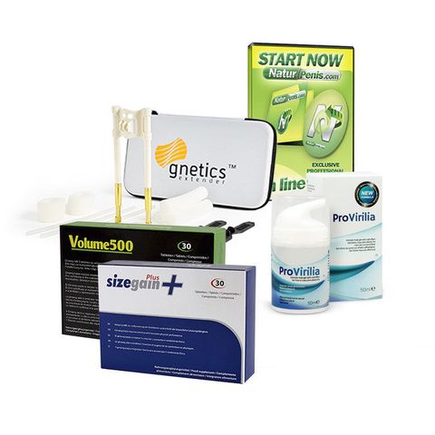 Gnetics Extender: penis extender + SizeGain Plus: tablets to enlarge the penis + Provirilia: cooling intimate gel for men + Volume500: tablets to increase sperm volume