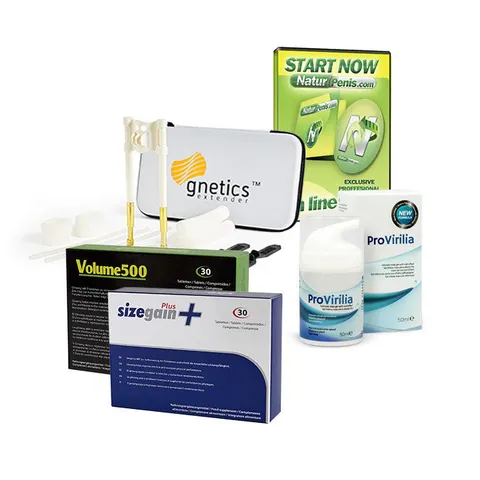 Gnetics Extender: penis extender + SizeGain Plus: tablets to enlarge the penis + Provirilia: cooling intimate gel for men + Volume500: tablets to increase sperm volume