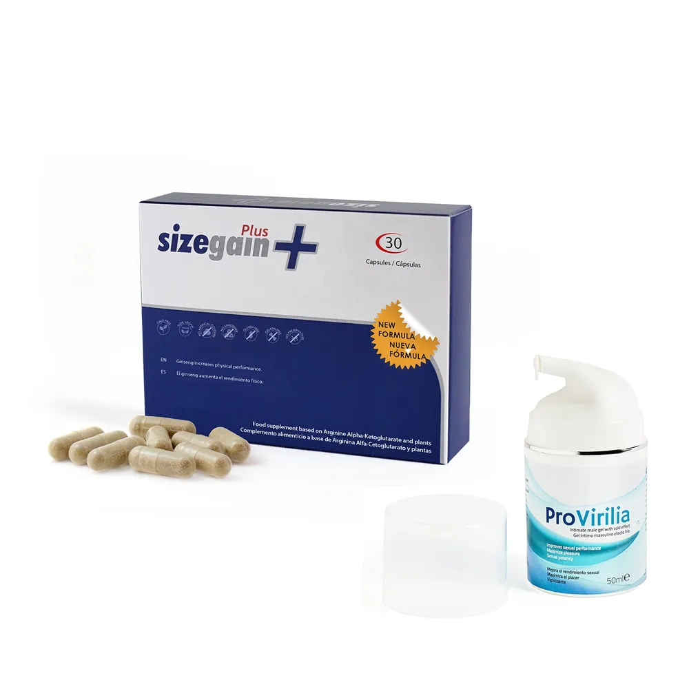 SizeGain Plus: tablets to enlarge the penis + Provirilia: cooling intimate gel for men