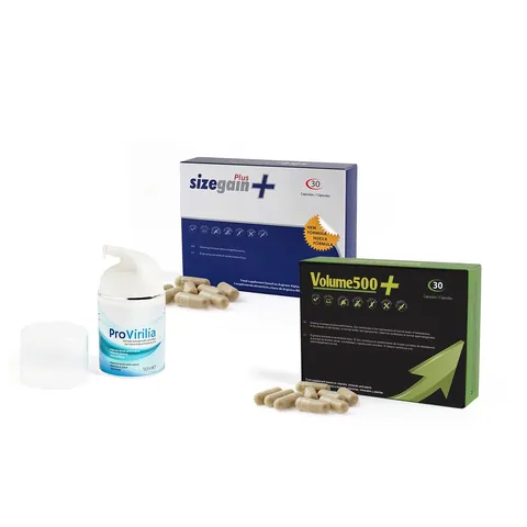 SizeGain Plus: tablets to enlarge the penis + Volume500: tablets to increase sperm volume + Provirilia: cooling intimate gel for men